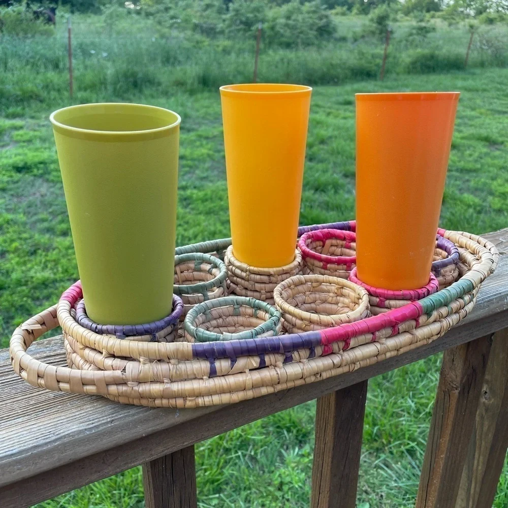 Wicker Woven Rattan Drink Caddy Holders Boho Barware Handles Colorful